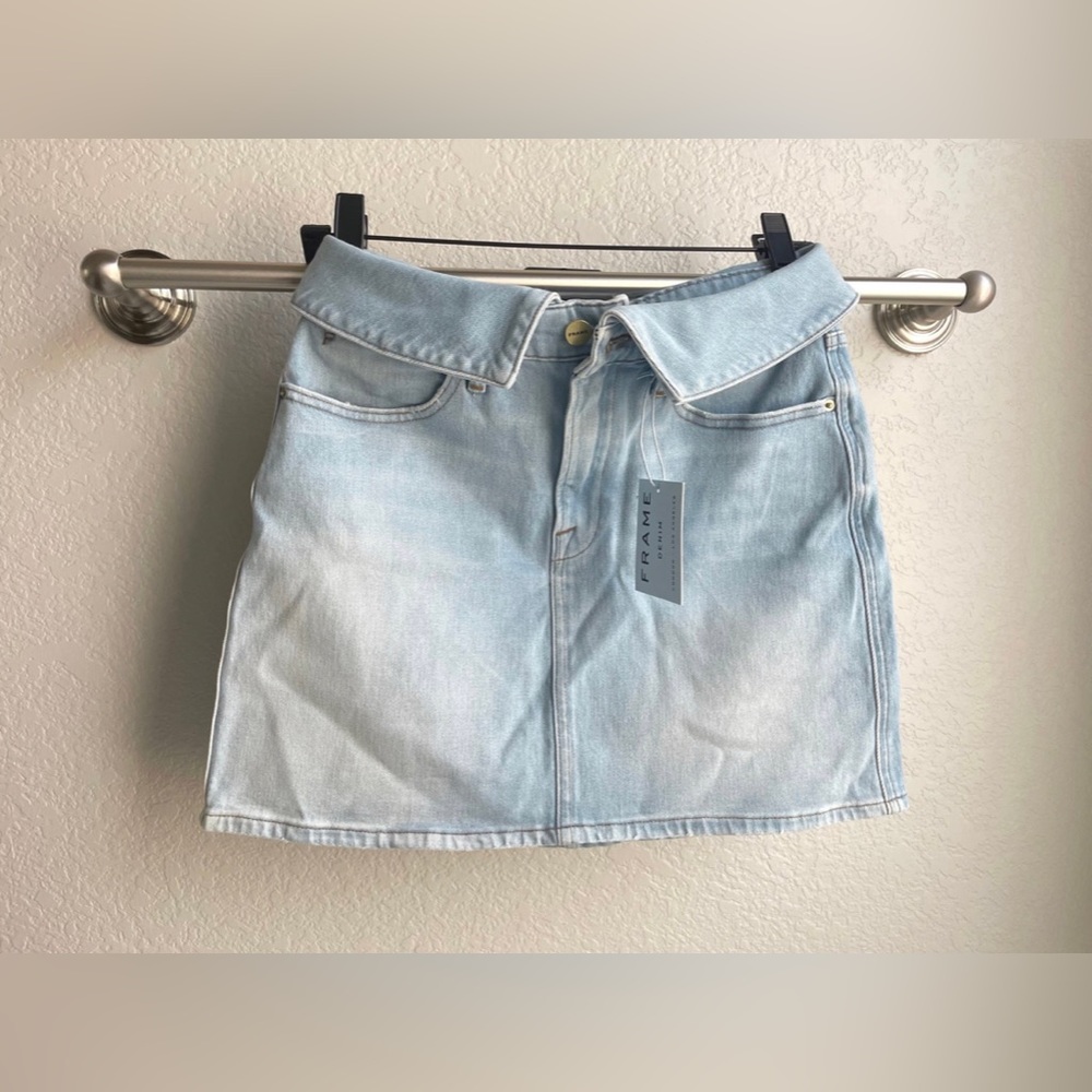 Frame Le High Mini Fold Over Denim Skirt Womens Sz 27 Light Wash Denim